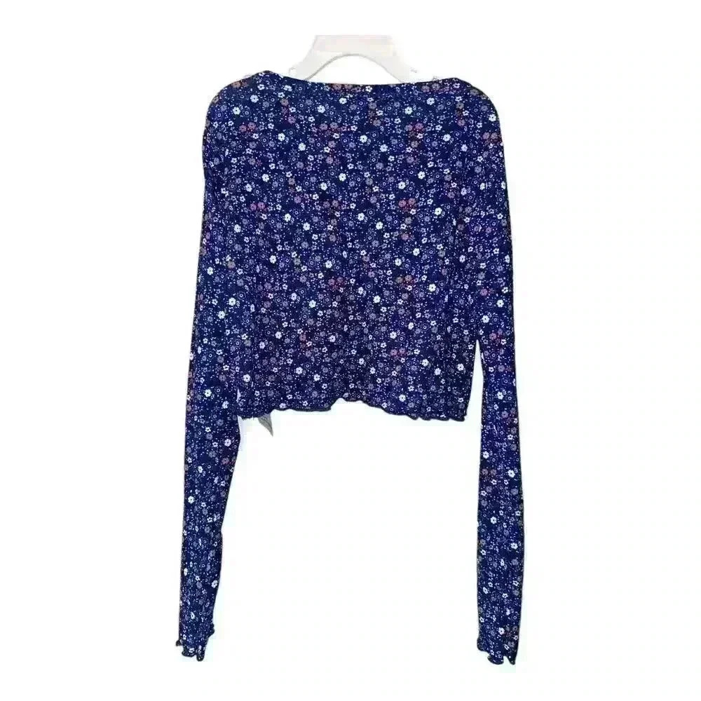 Kensie Girl Navy Blue Long Sleeve Floral Crop Top, Size 12 - Picture 2 of 4